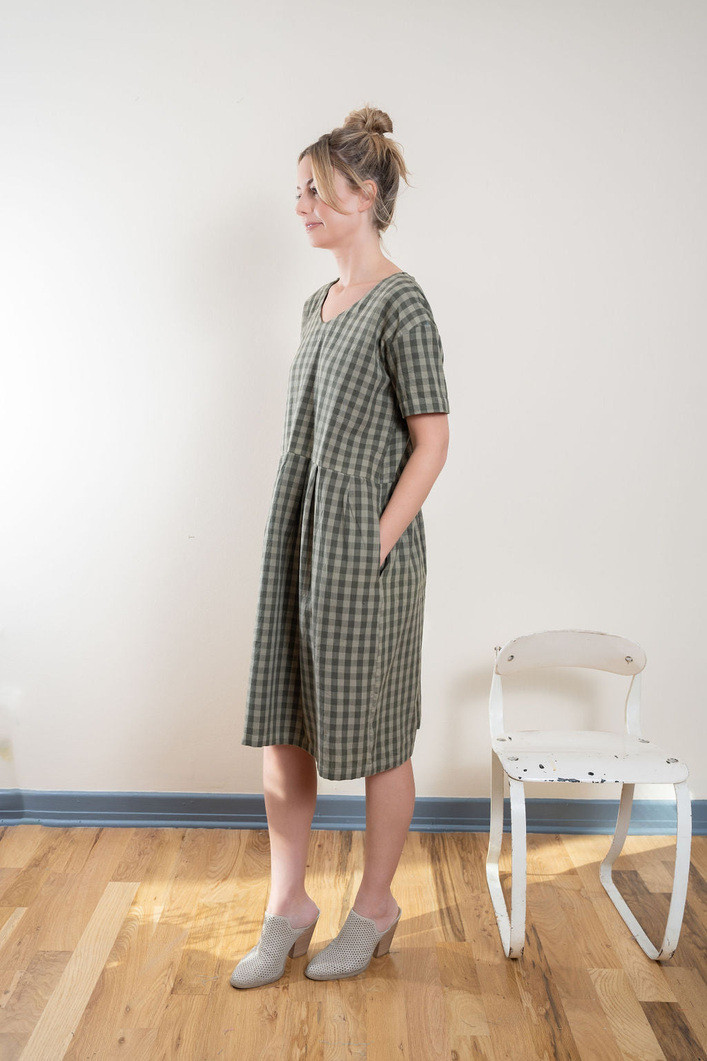 Eloise Handwoven Cotton Dress in Green Gingham