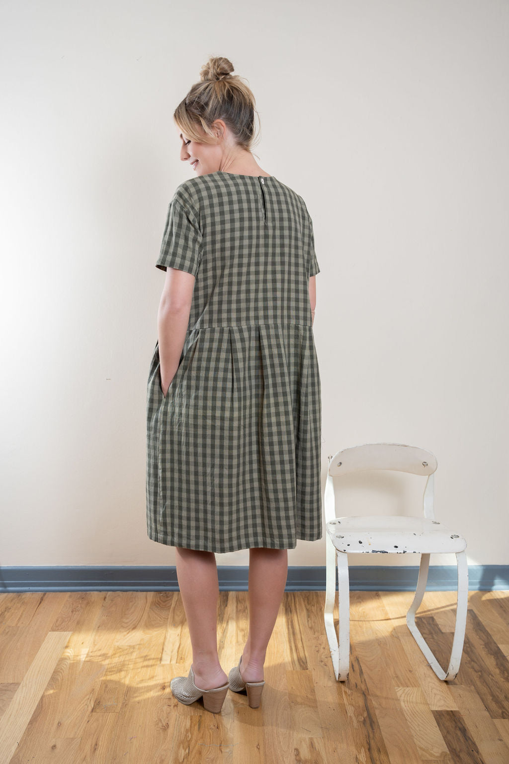 Eloise Handwoven Cotton Dress in Green Gingham