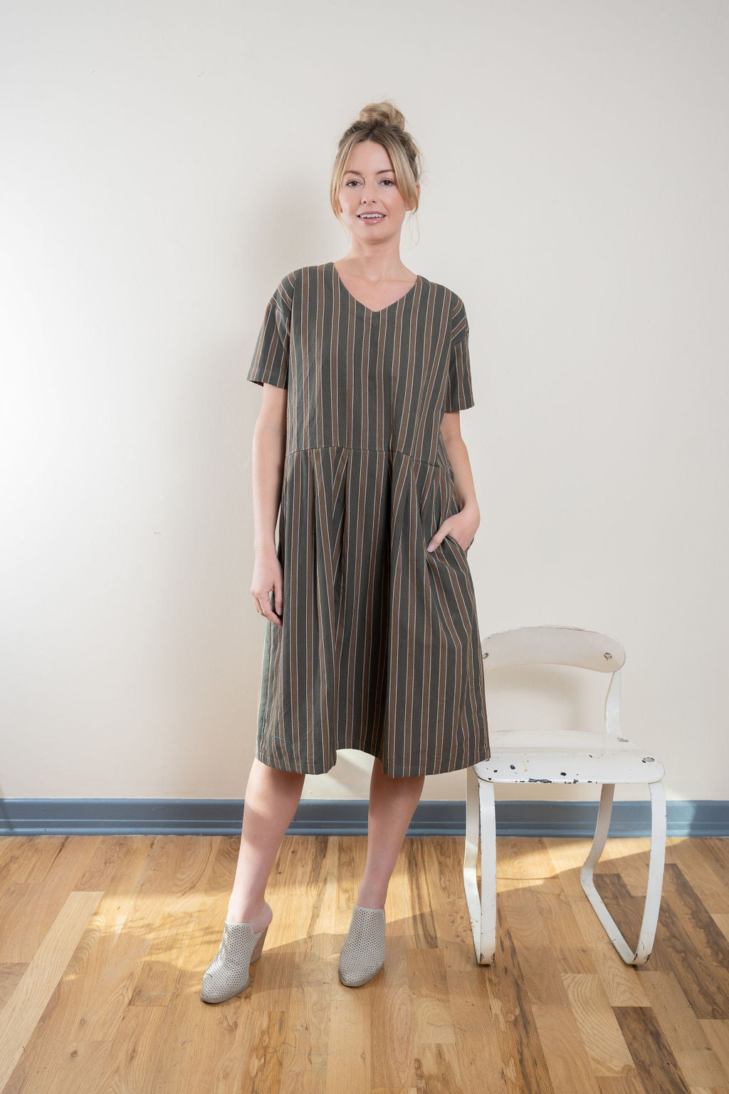 Eloise Handwoven Cotton Dress in Brown Stripe