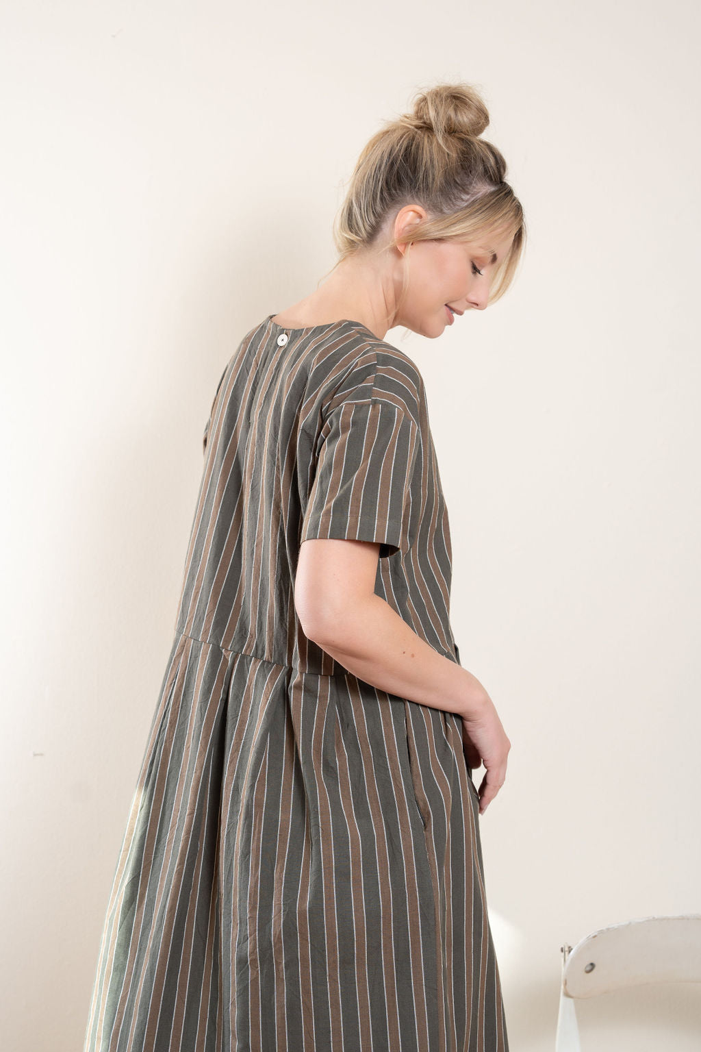 Eloise Handwoven Cotton Dress in Brown Stripe