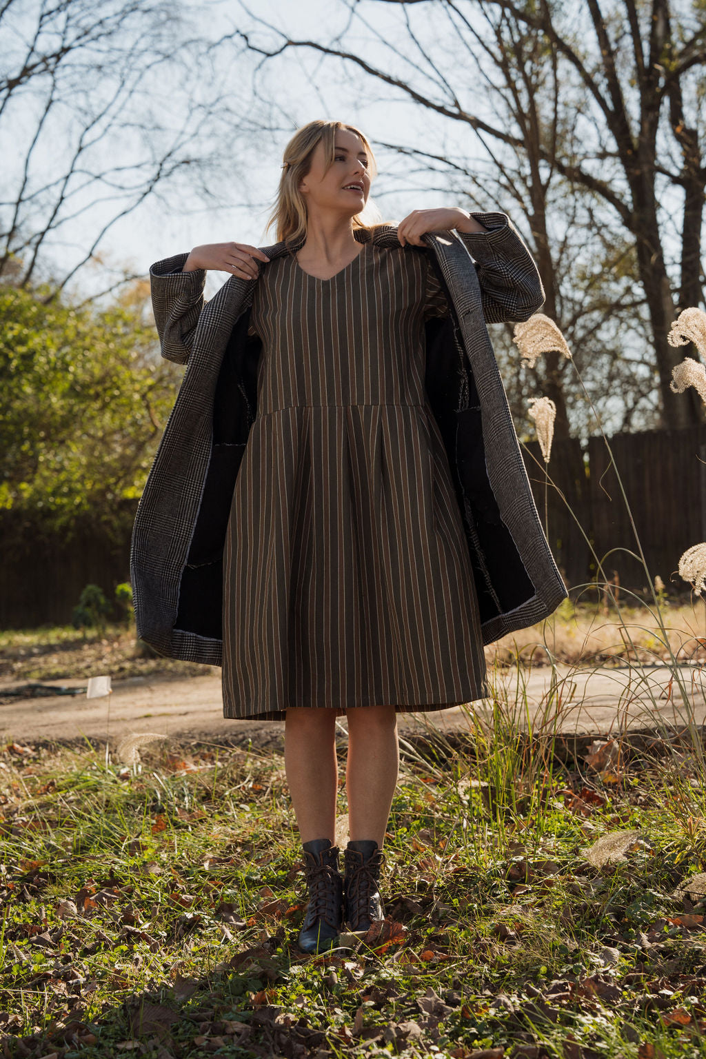 Eloise Handwoven Cotton Dress in Brown Stripe