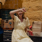 Rose Drawstring Dress in Pale Yellow Linen