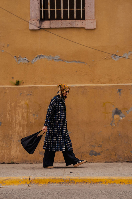 Portuguese Wool Polly Coat in Black and Cobalt Print Made to Order
