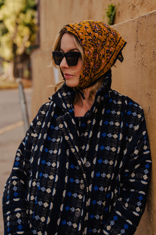 Portuguese Wool Polly Coat in Black and Cobalt Print Made to Order