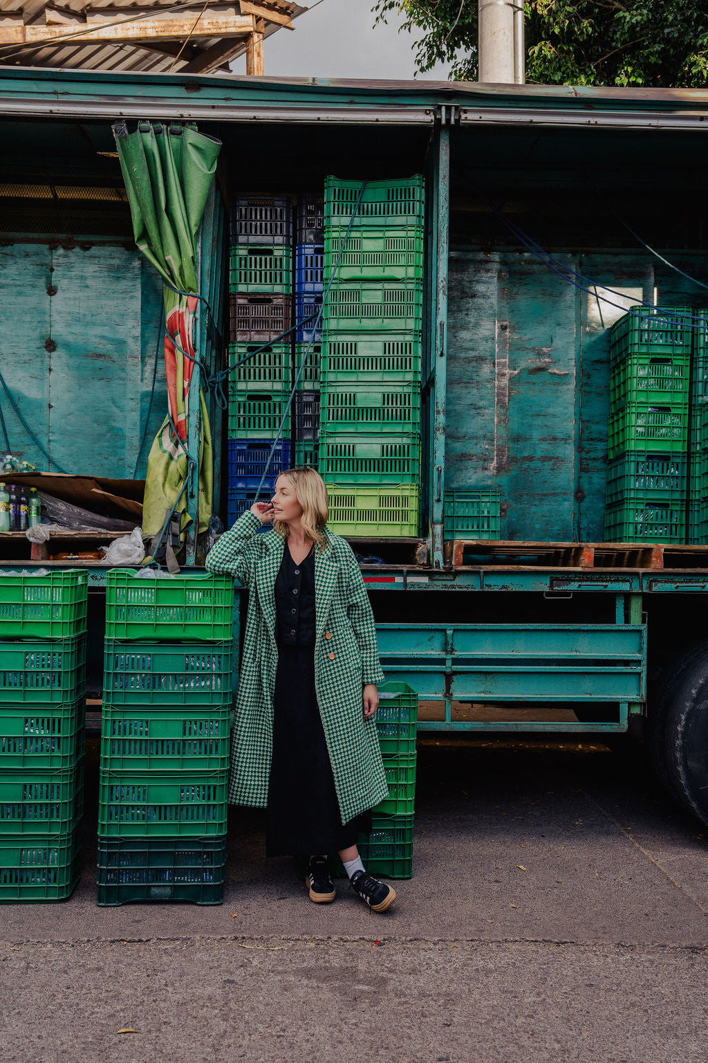 Portuguese Wool Polly Coat in Green and White Check Made to Order