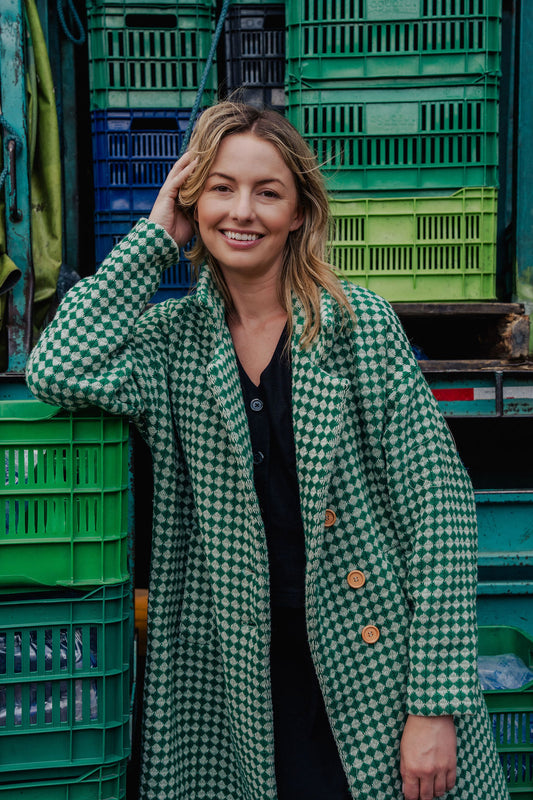 Portuguese Wool Polly Coat in Green and White Check Made to Order