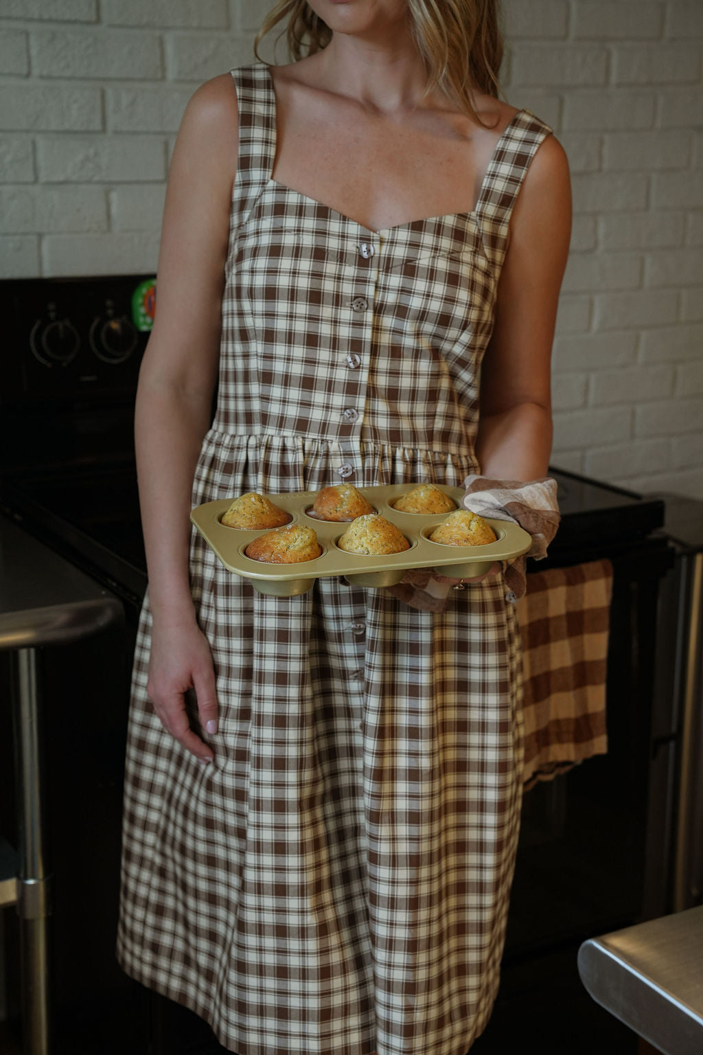 Mia Linen Dress in Brown and Cream Cotton - S and XL Left