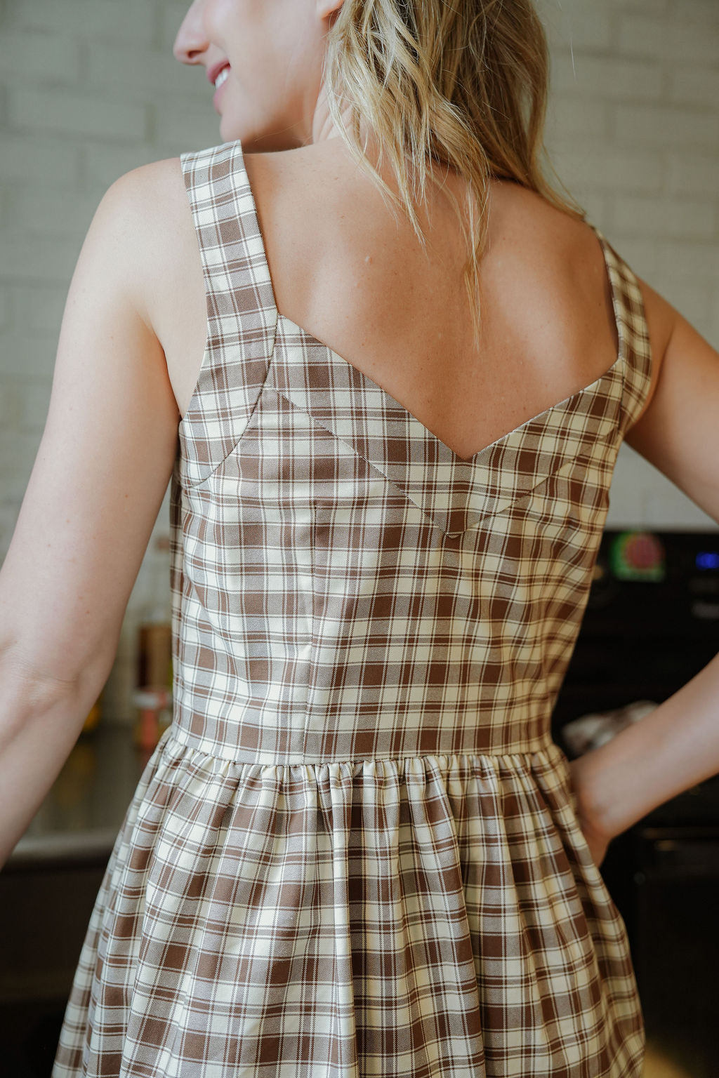 Mia Linen Dress in Brown and Cream Cotton - S and XL Left