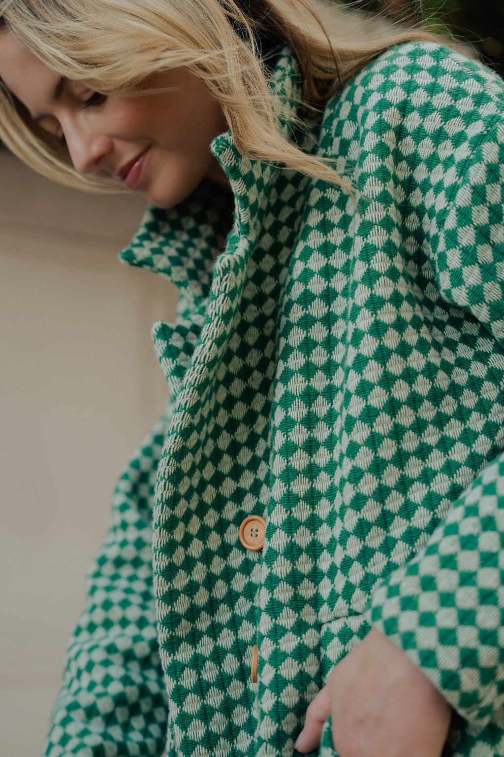 Portuguese Wool Polly Coat in Green and White Check Made to Order