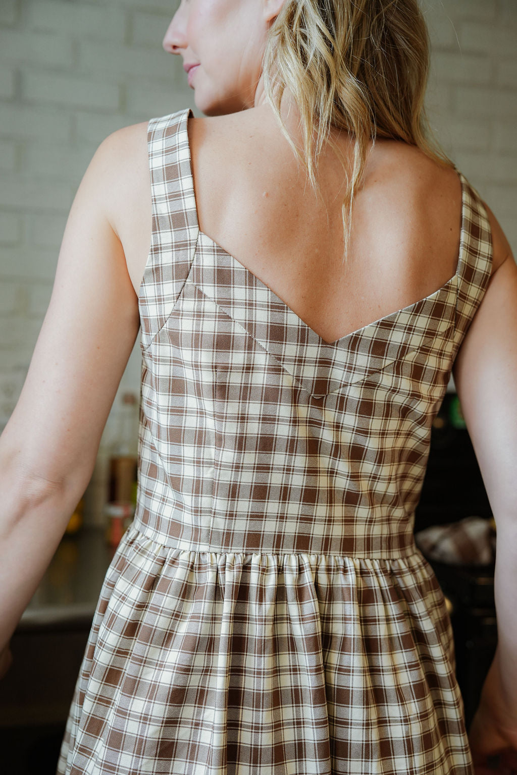 Mia Linen Dress in Brown and Cream Cotton - S and XL Left