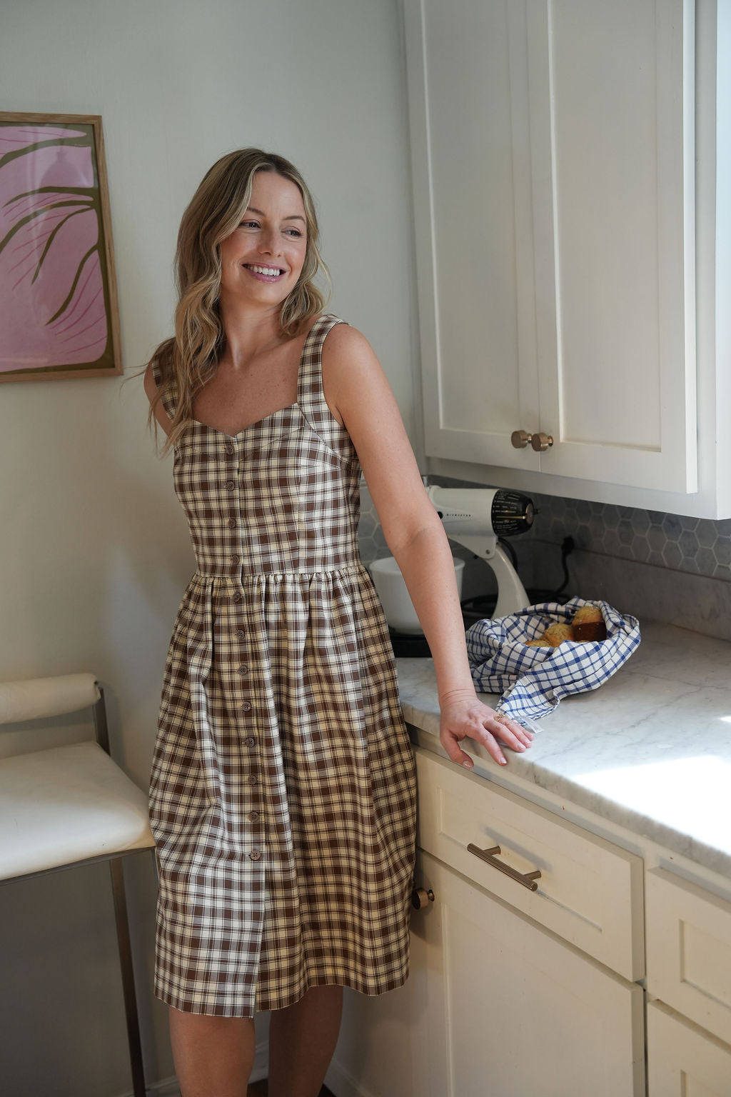 Mia Linen Dress in Brown and Cream Cotton - S and XL Left