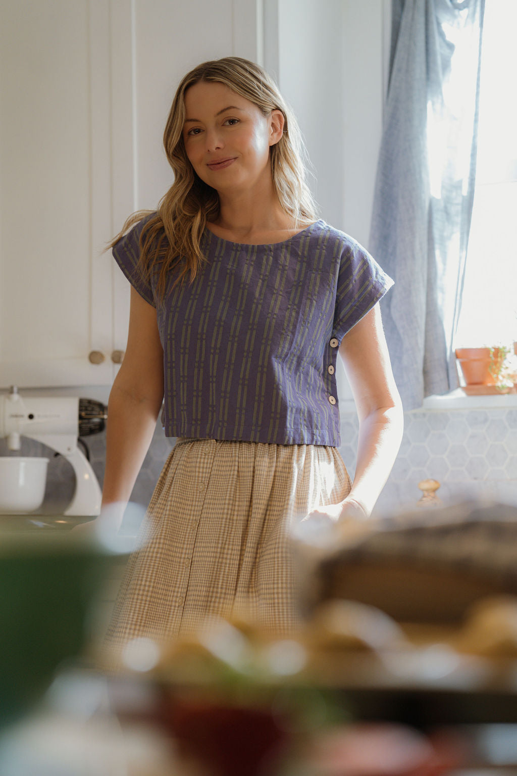 Katie Handwoven Cotton Set in Periwinkle and Kelly Green - XS Pants Left
