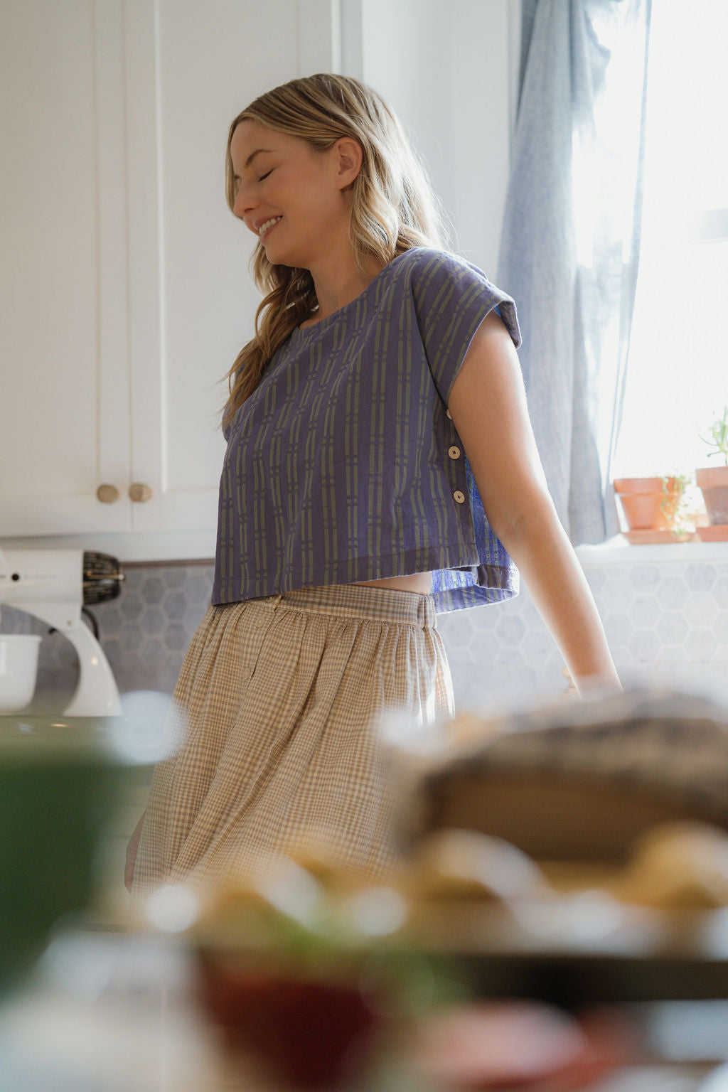 Katie Handwoven Cotton Set in Periwinkle and Kelly Green - XS Pants Left