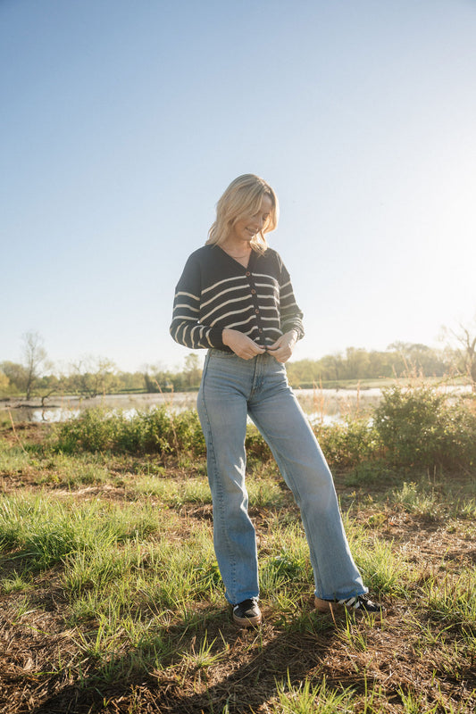 Alpaca Robbi Cardigan Sweater in Navy and White Stripe