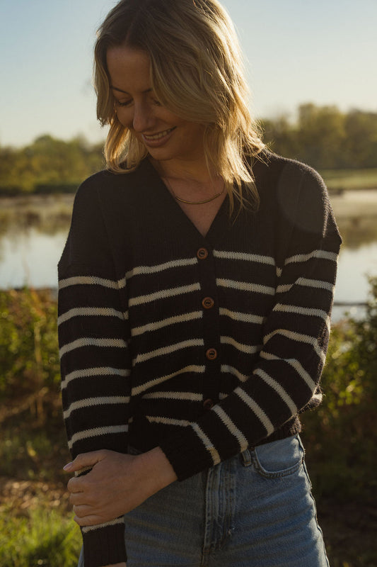 Alpaca Robbi Cardigan Sweater in Navy and White Stripe