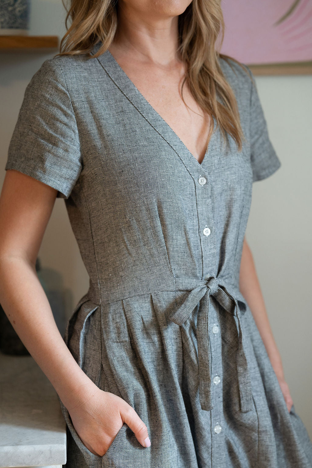 June Dress in Tiny Black and White Chambray Check