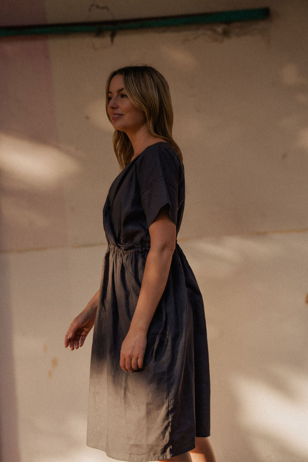 Rose Drawstring Dress in Pale Grey Linen