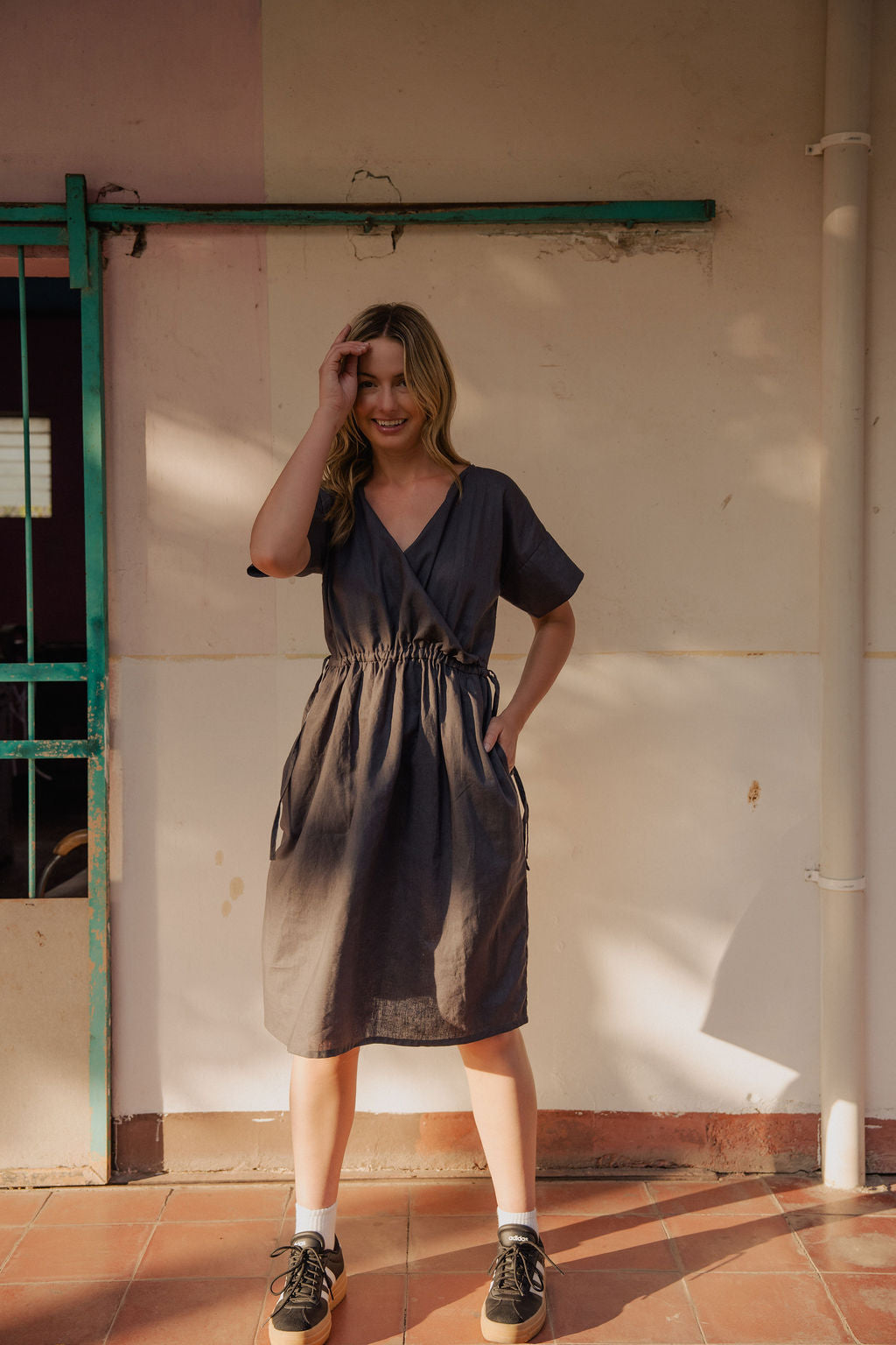 Rose Drawstring Dress in Pale Grey Linen