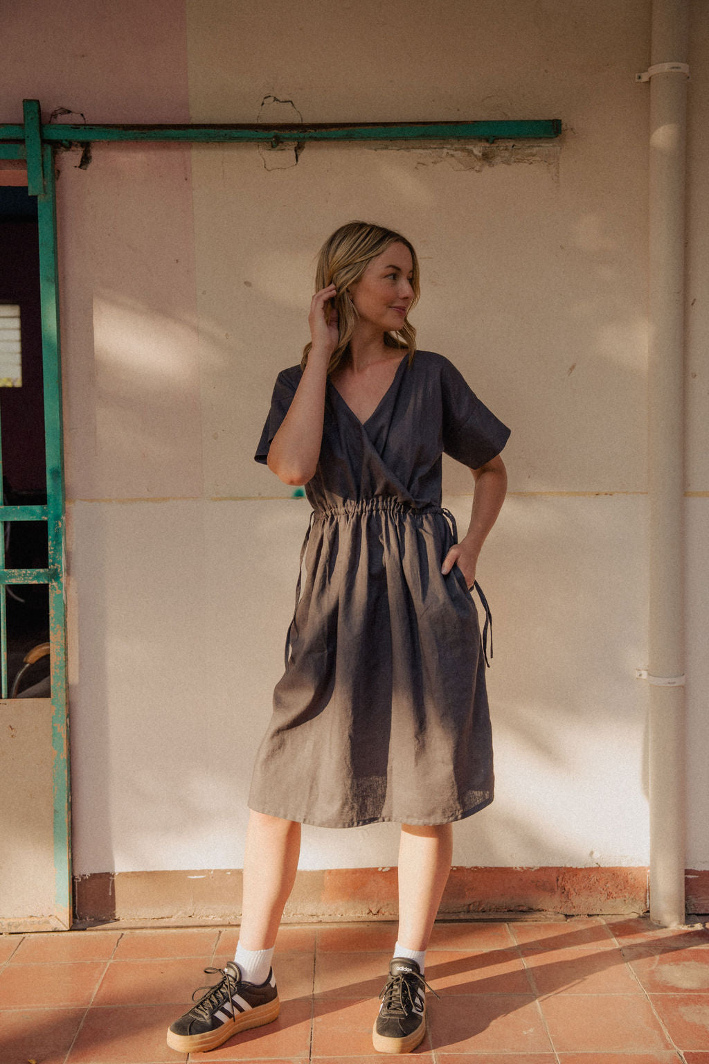 Rose Drawstring Dress in Pale Grey Linen