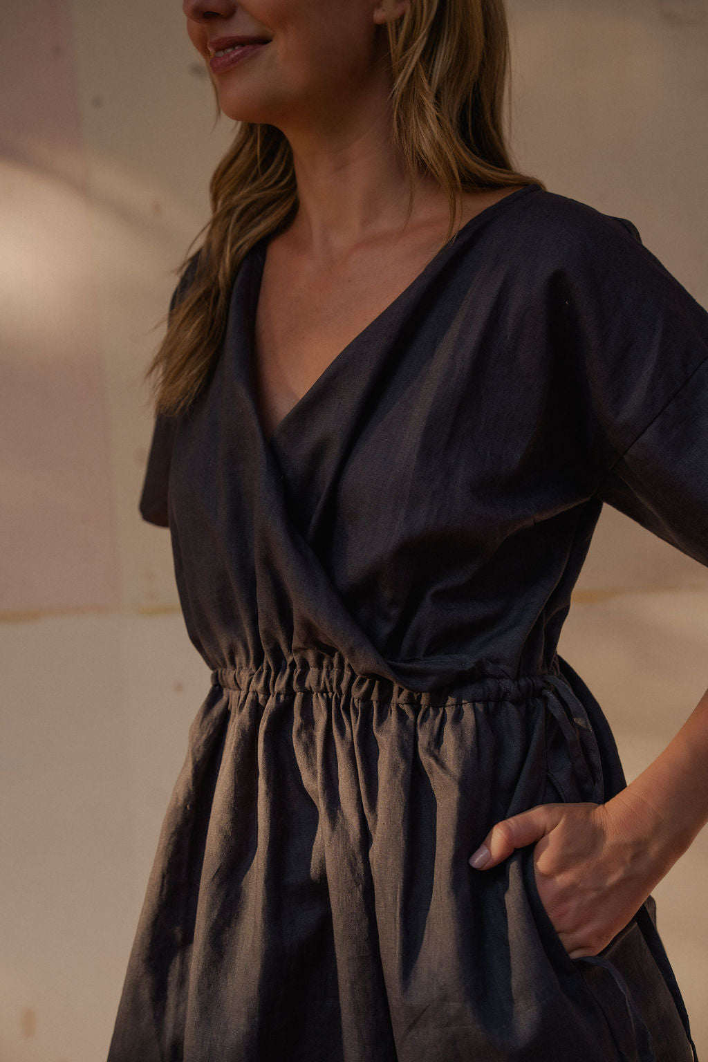 Rose Drawstring Dress in Pale Grey Linen