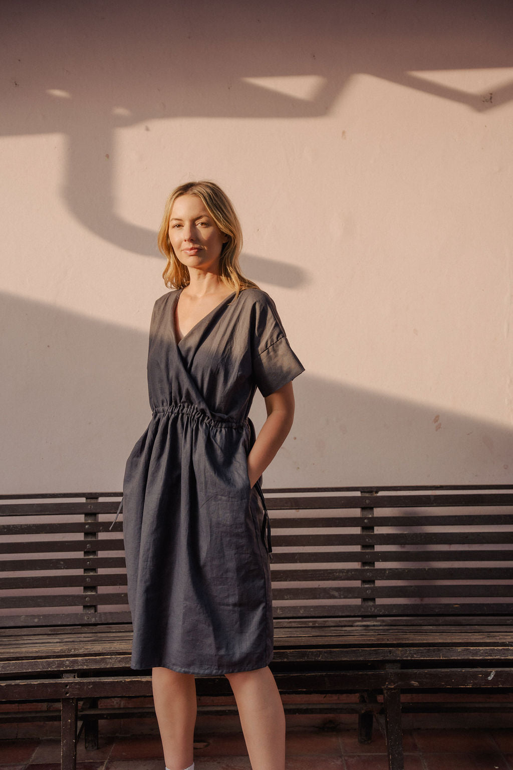 Rose Drawstring Dress in Pale Grey Linen