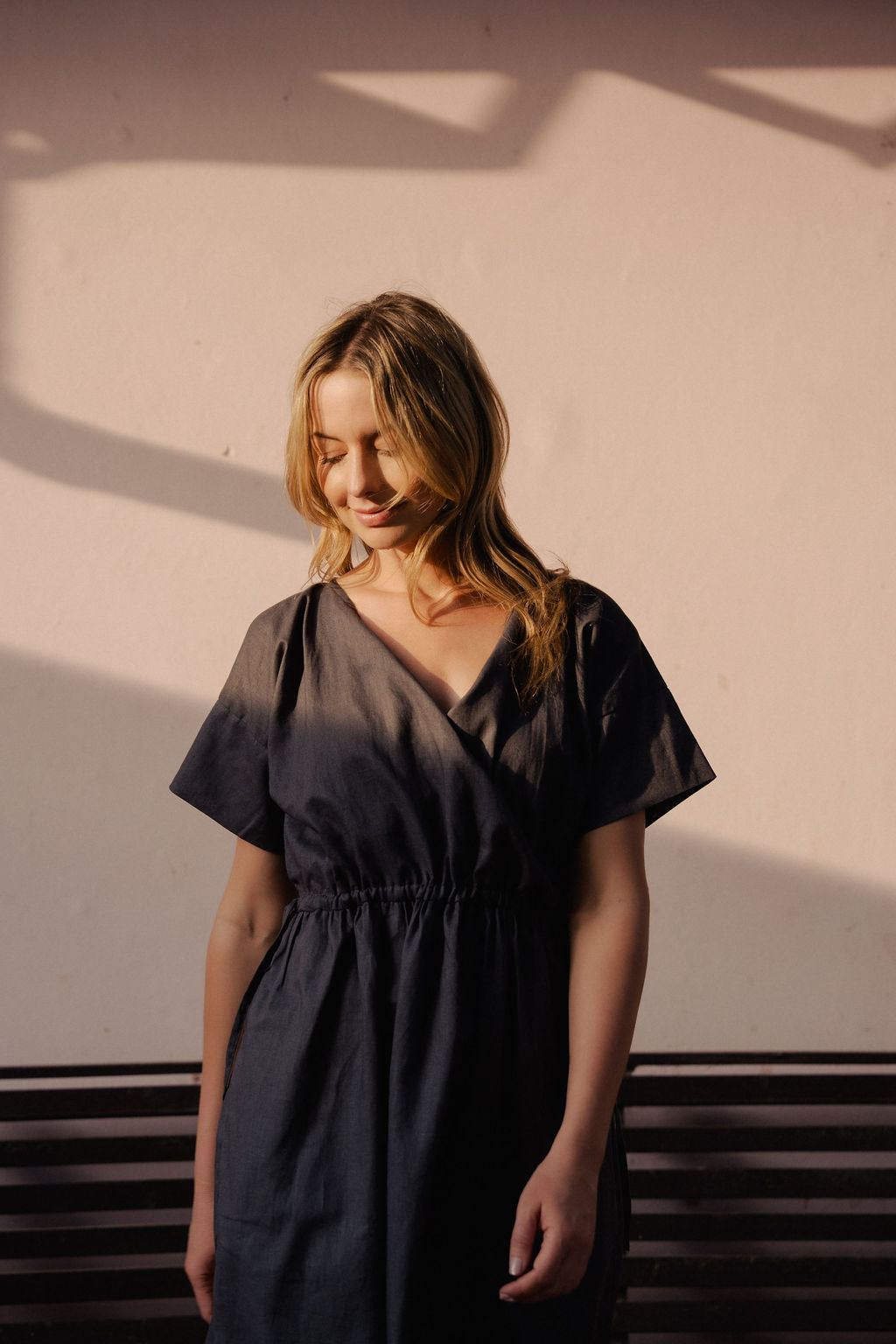 Rose Drawstring Dress in Pale Grey Linen