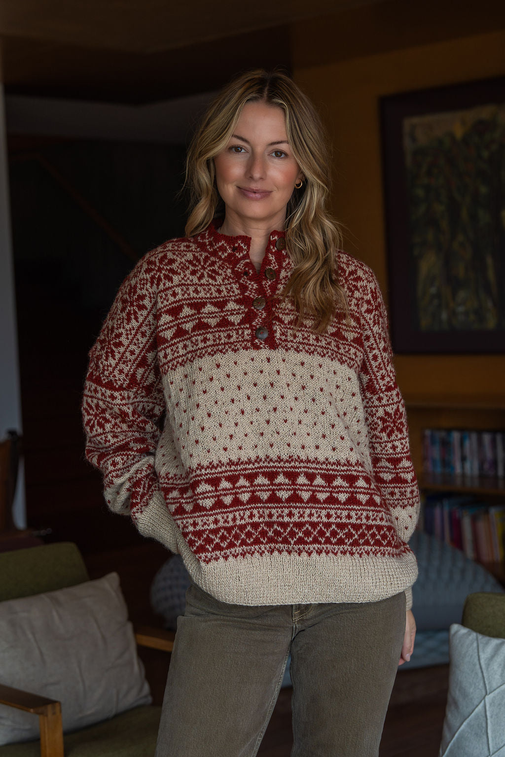 Imogene Oversized Wool Henley in Snowflake Print