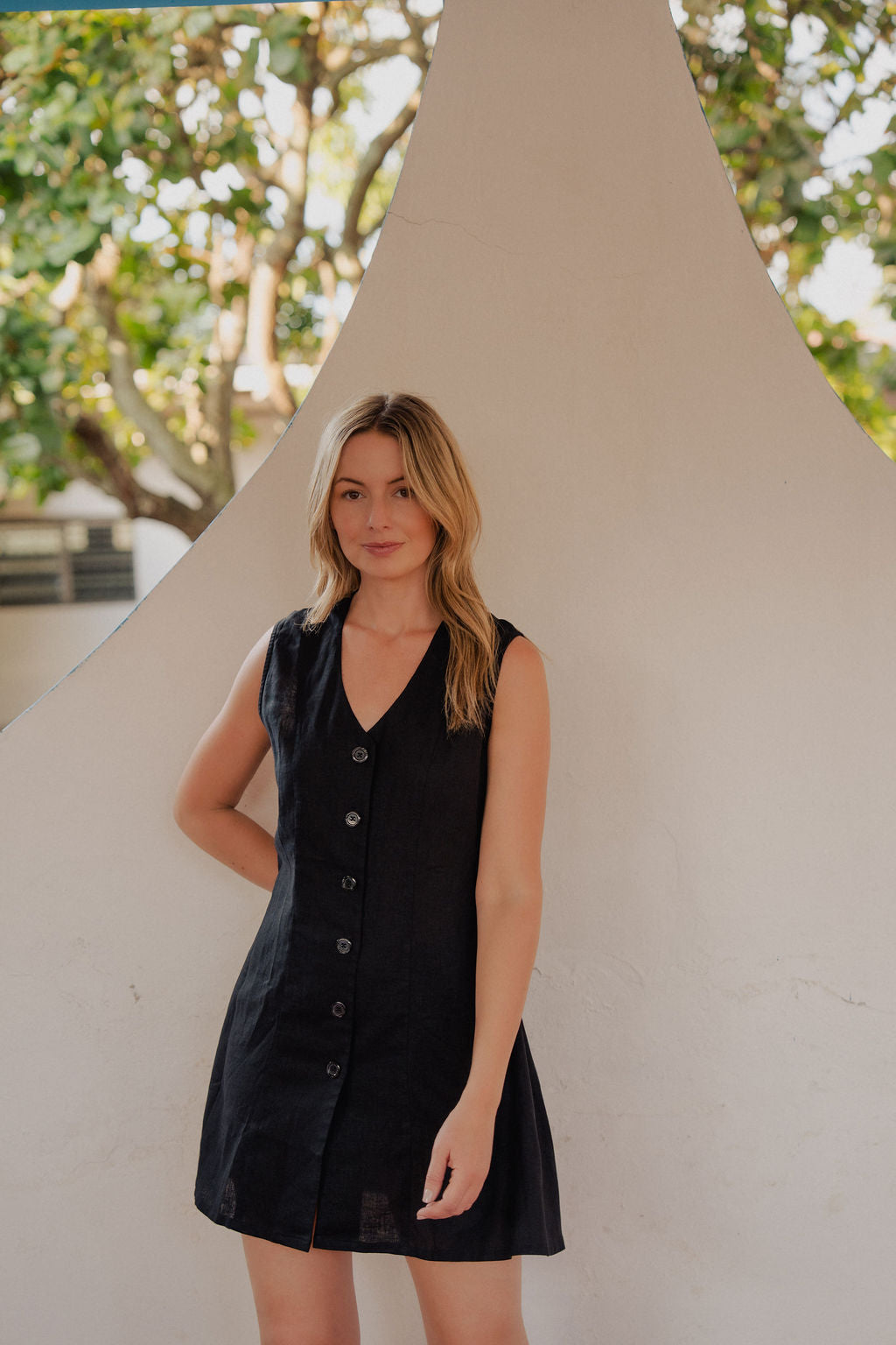 Marcy Mini Dress in Black Linen