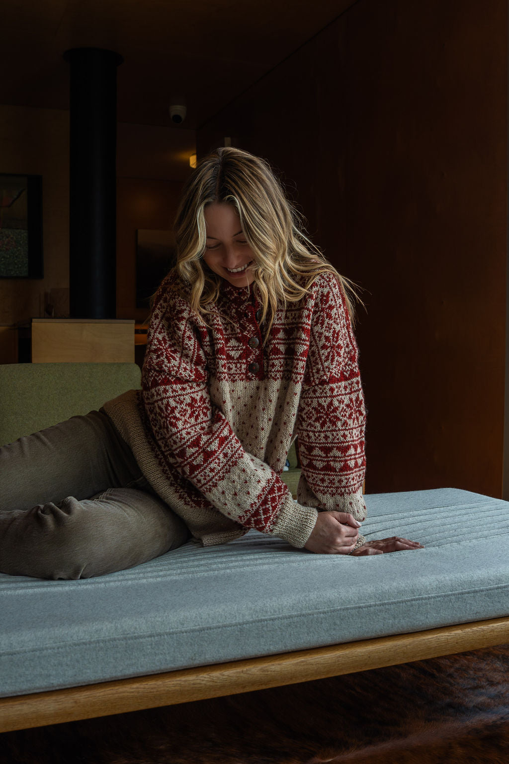 Imogene Oversized Wool Henley in Snowflake Print