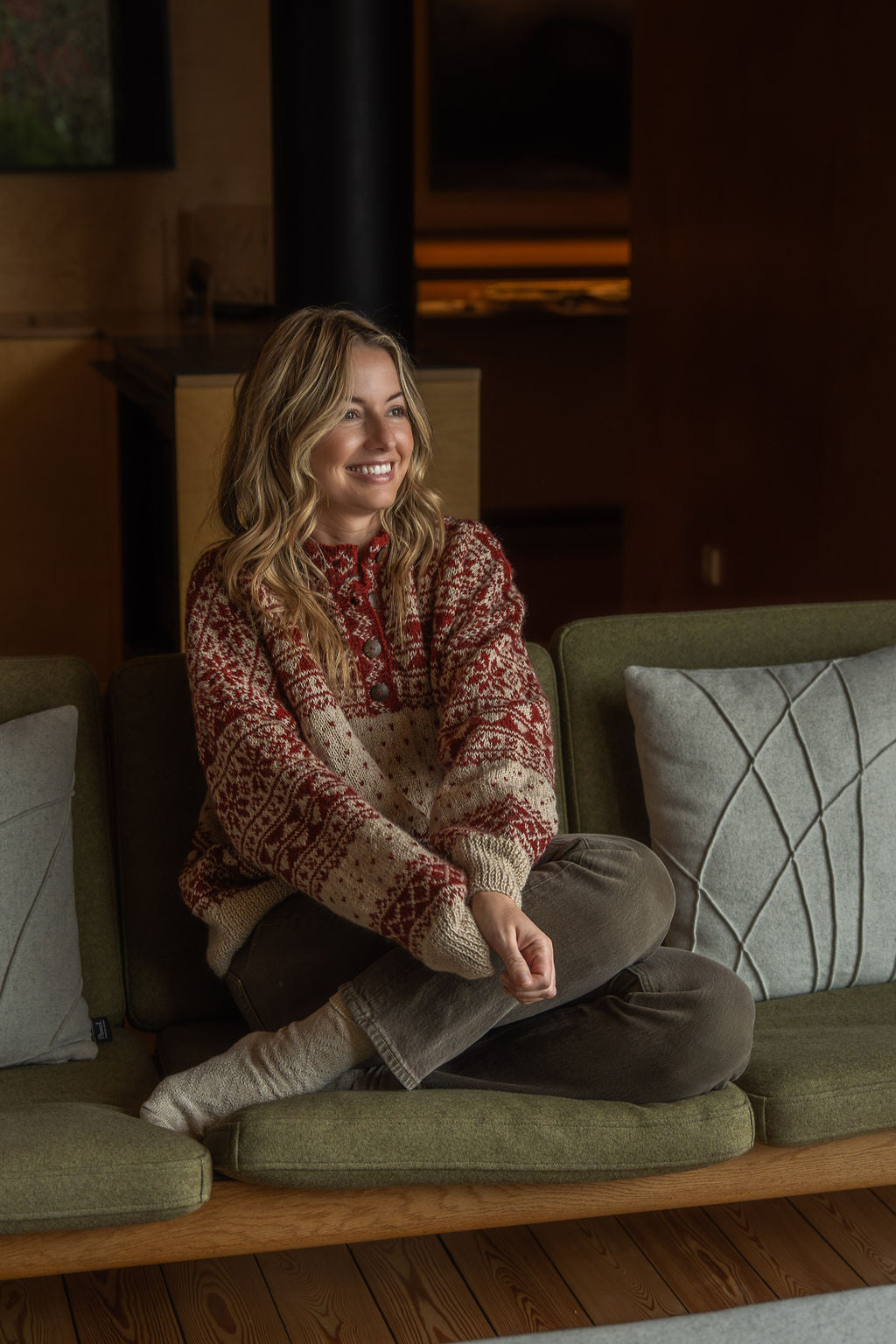 Imogene Oversized Wool Henley in Snowflake Print