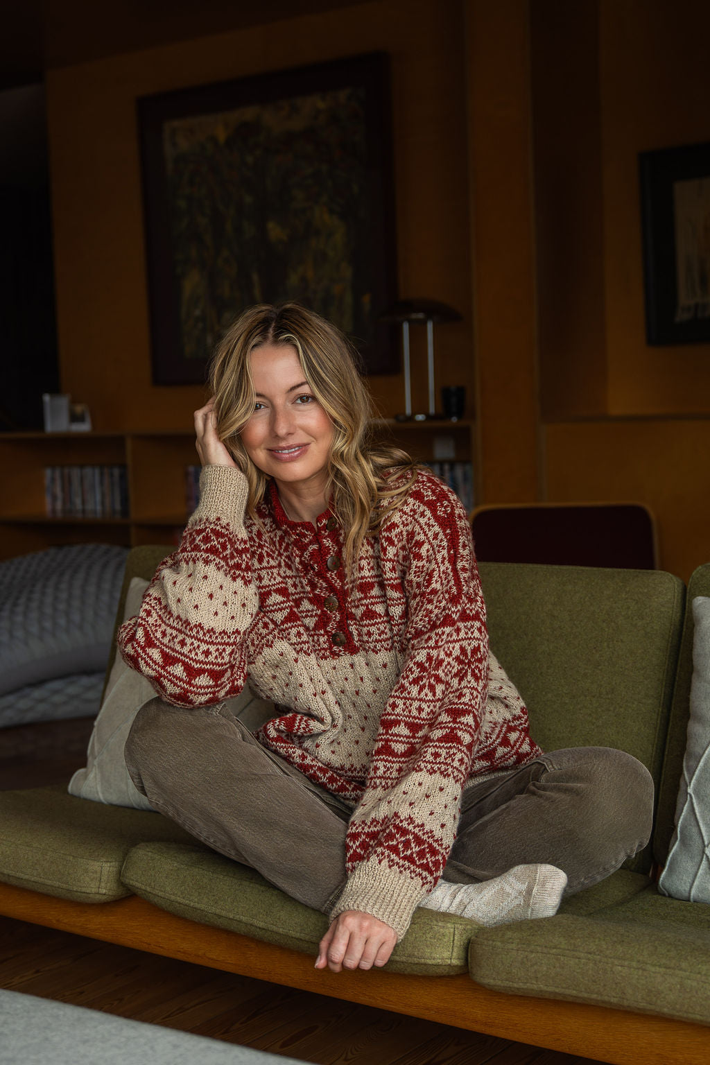 Imogene Oversized Wool Henley in Snowflake Print