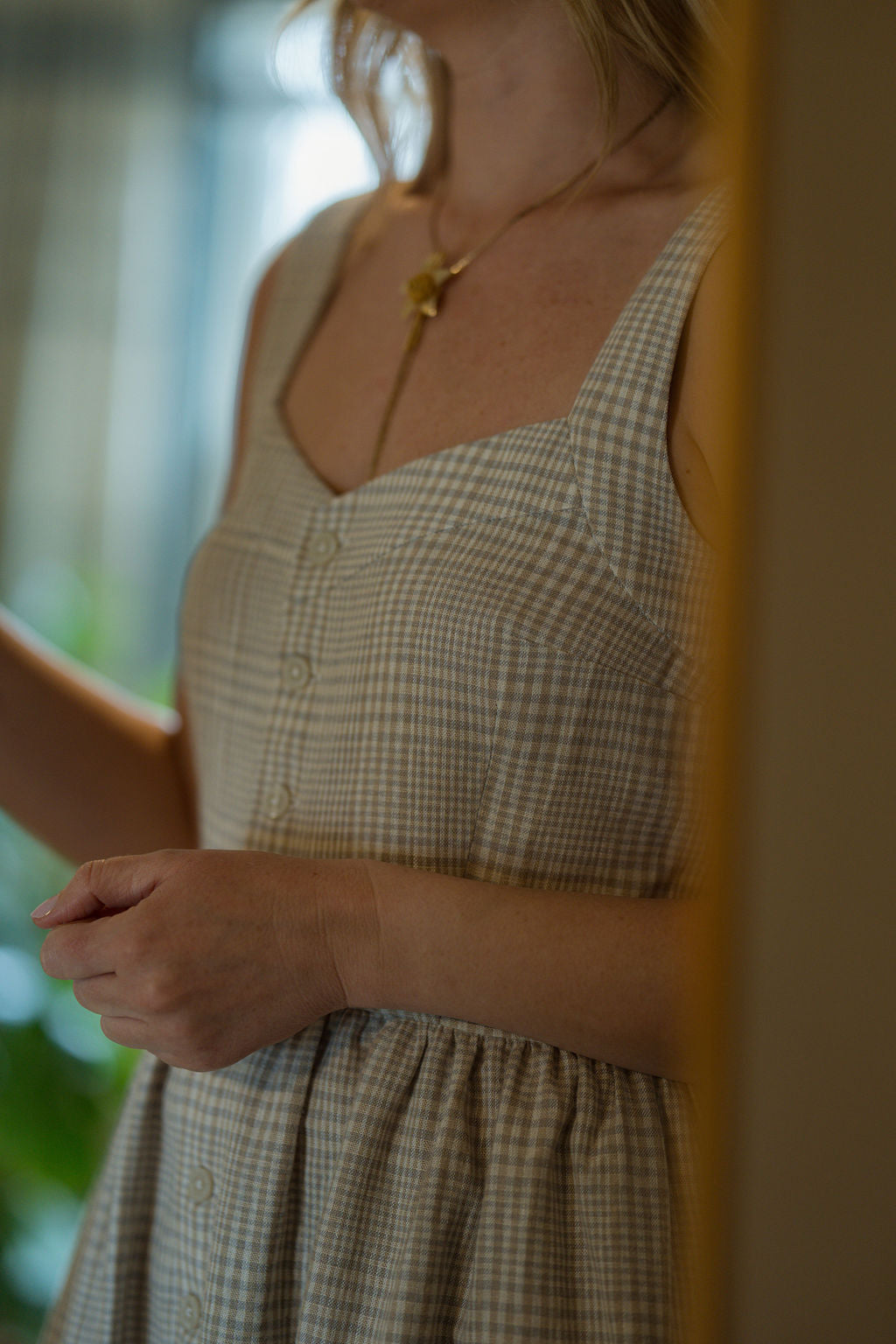 Mia Linen Dress in Cream Plaid Linen - S Left