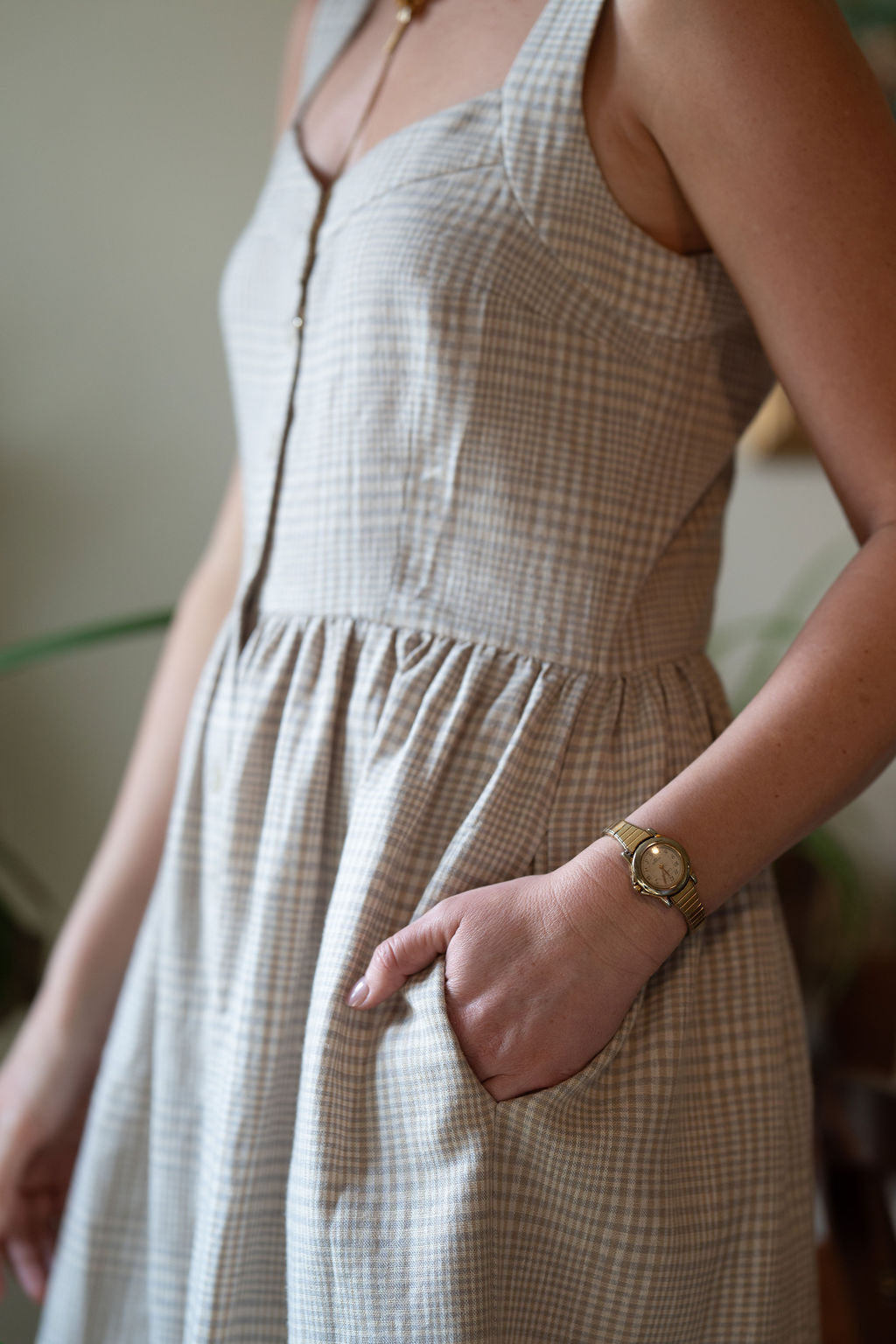 Mia Linen Dress in Cream Plaid Linen - S Left