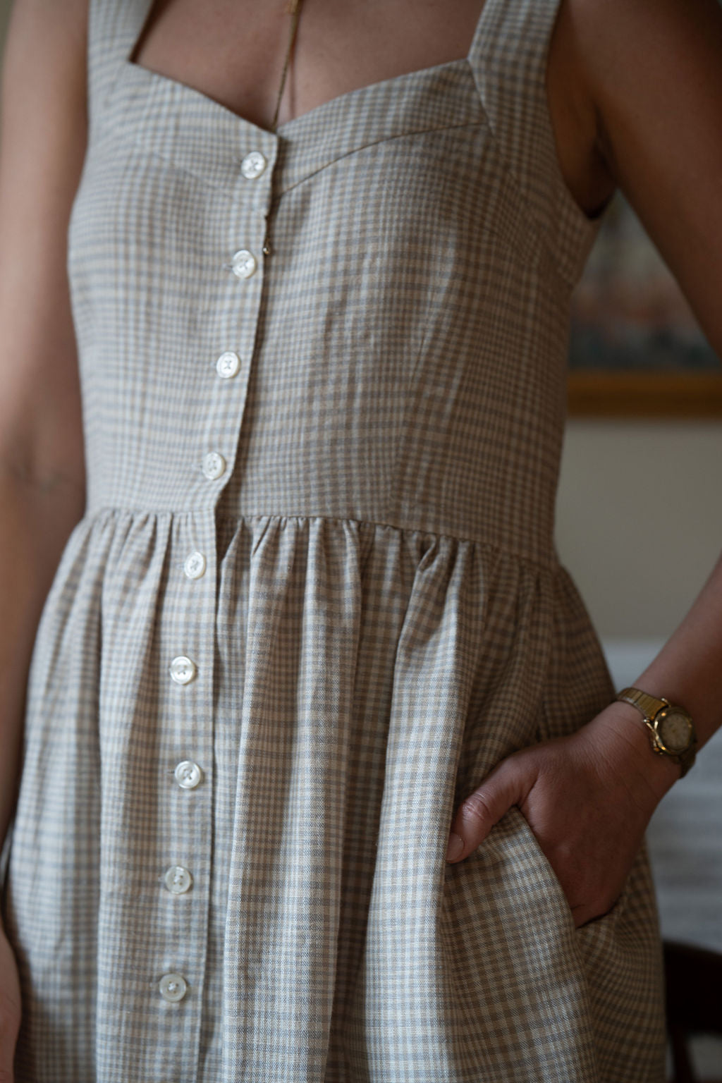 Mia Linen Dress in Cream Plaid Linen - S Left
