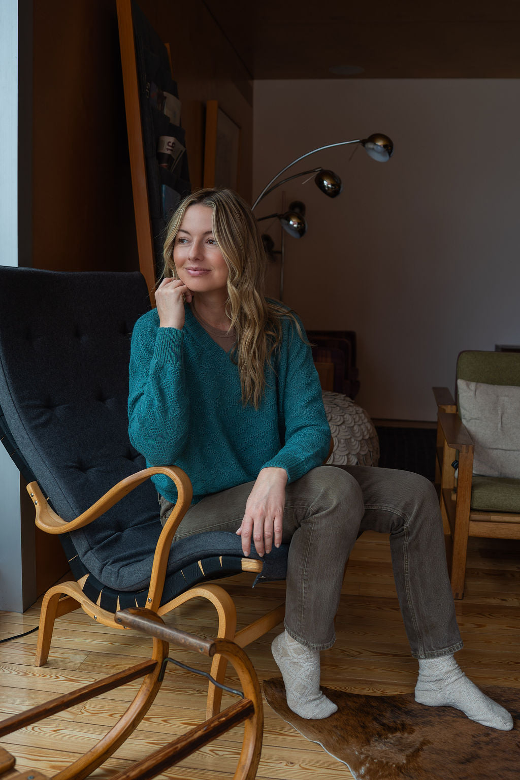 Alpaca Brenda Lace Knit Pullover in Teal