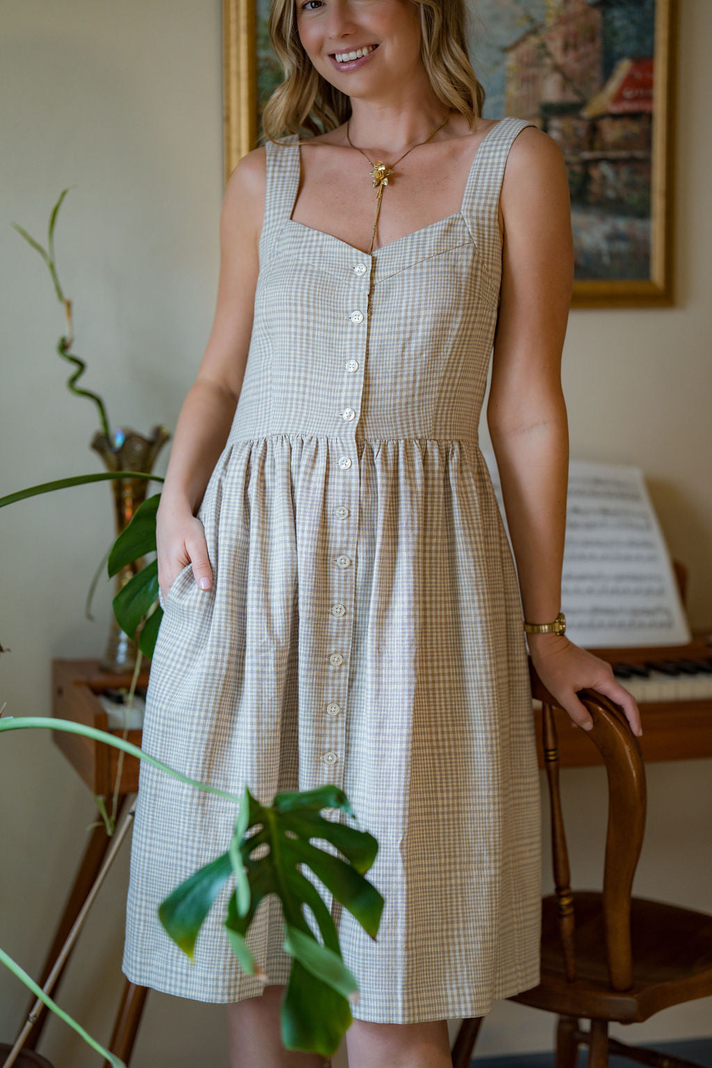 Mia Linen Dress in Cream Plaid Linen - S Left