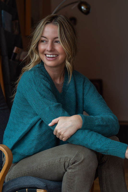Alpaca Brenda Lace Knit Pullover in Teal