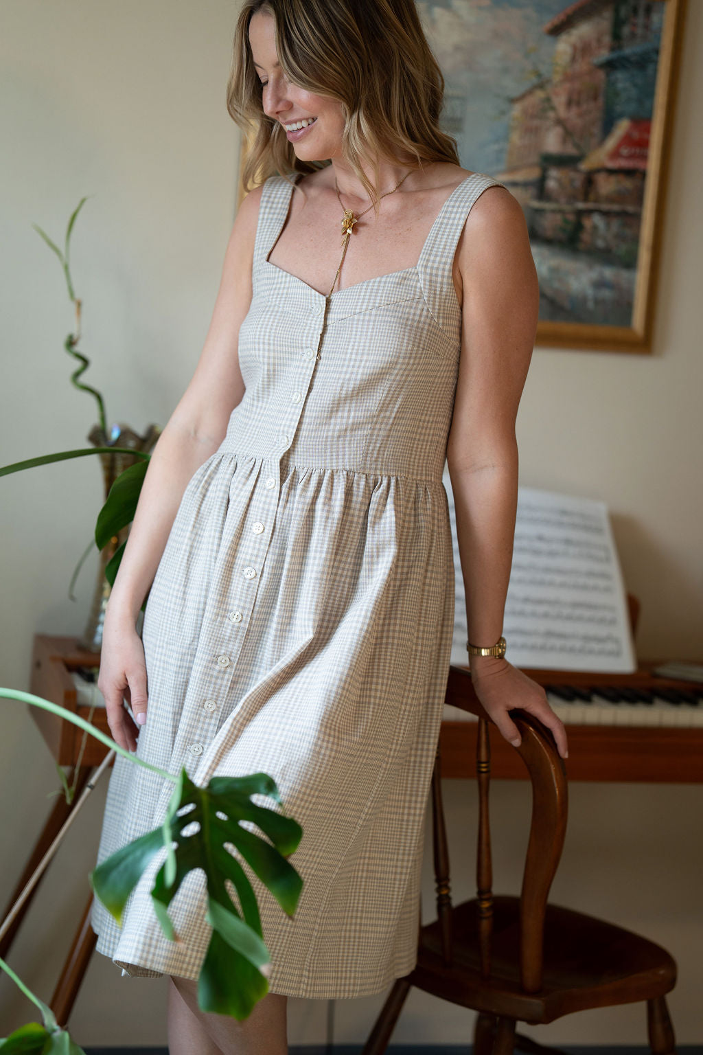 Mia Linen Dress in Cream Plaid Linen - S Left