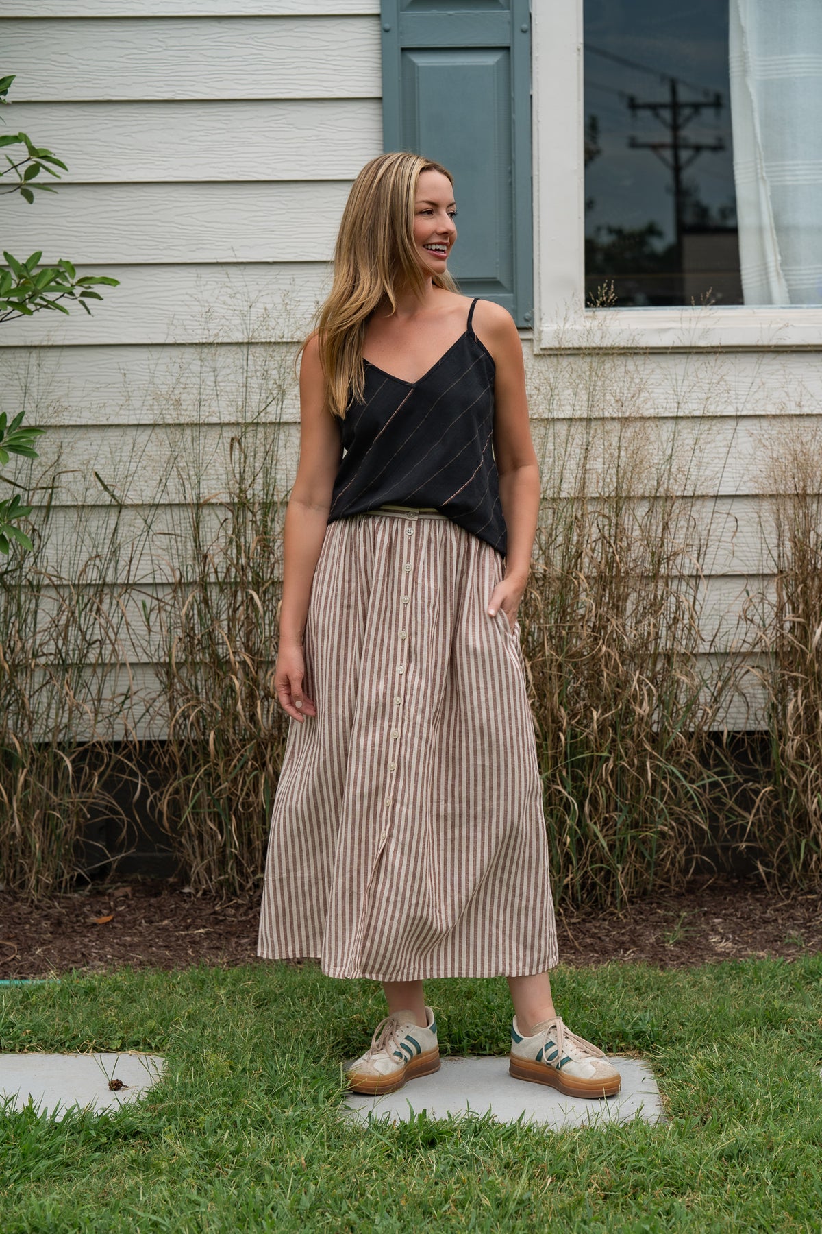 Bias Cut Tank in Black Handwoven Cotton