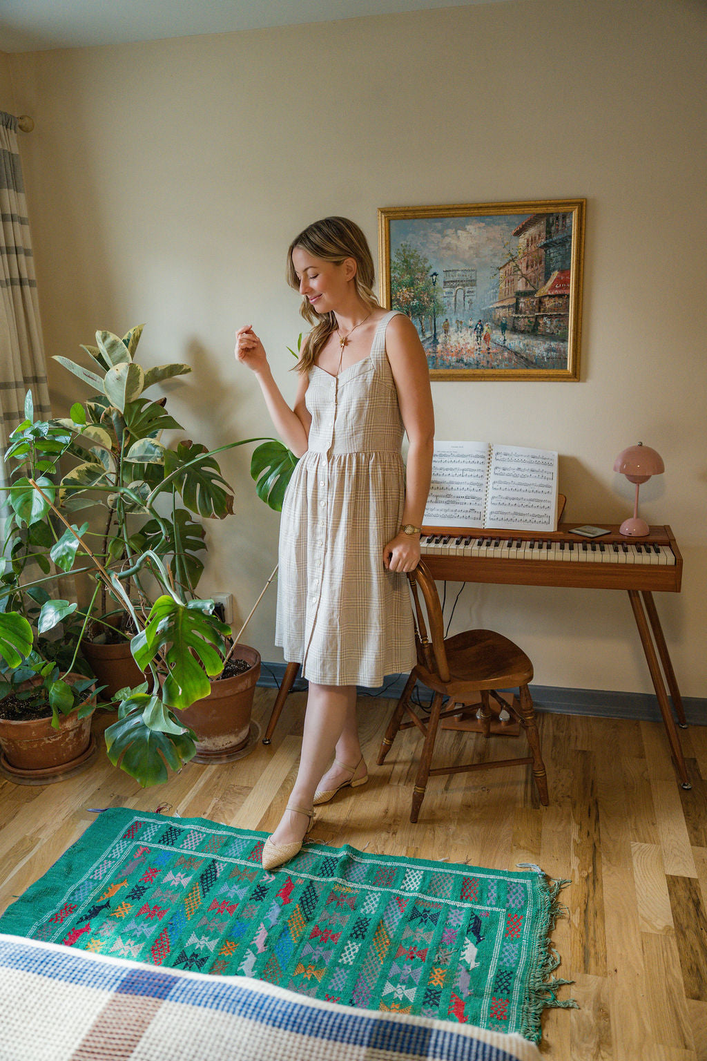 Mia Linen Dress in Cream Plaid Linen - S Left