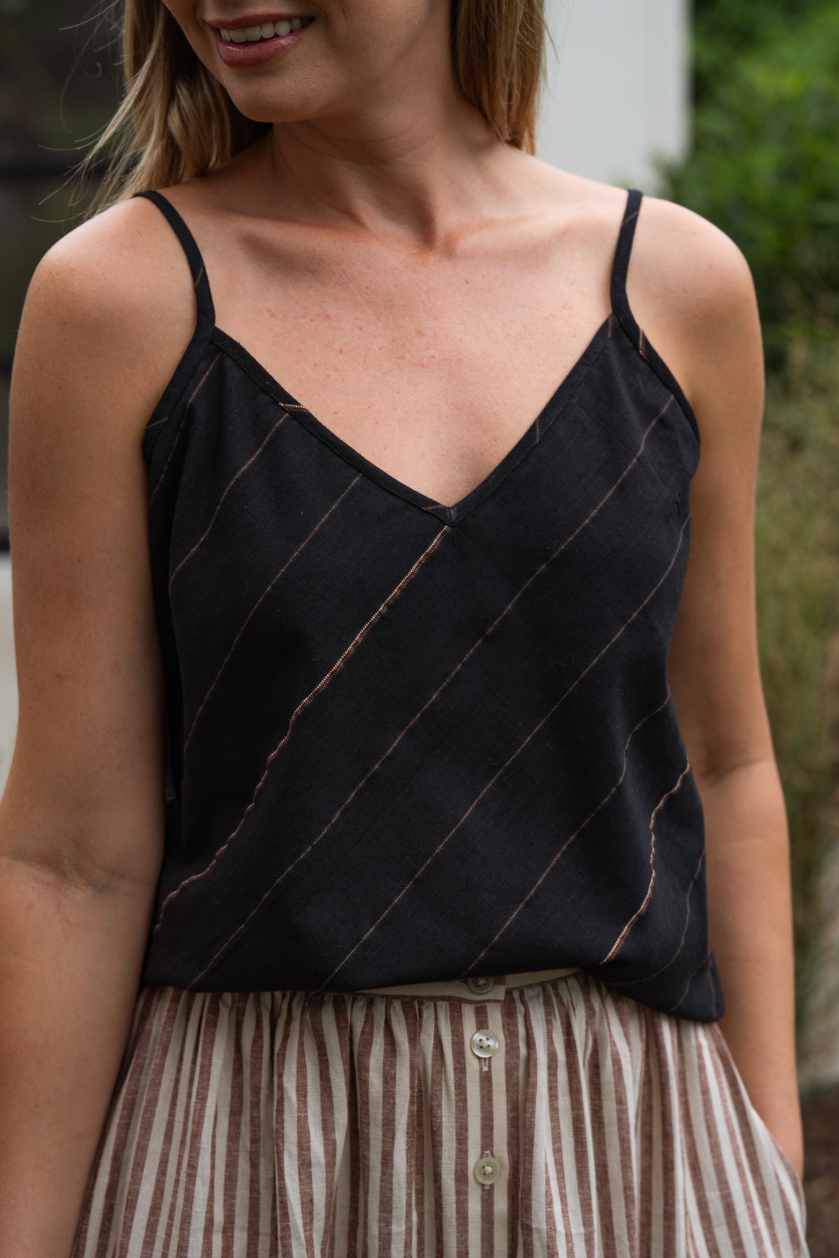 Bias Cut Tank in Black Handwoven Cotton