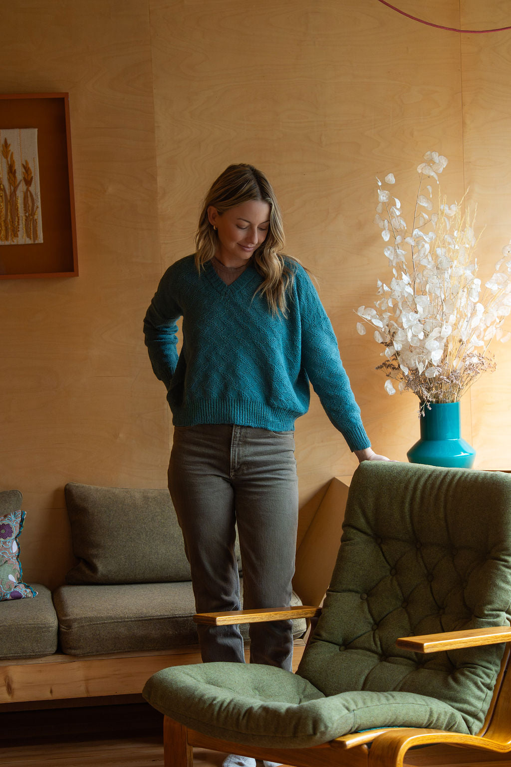 Alpaca Brenda Lace Knit Pullover in Teal