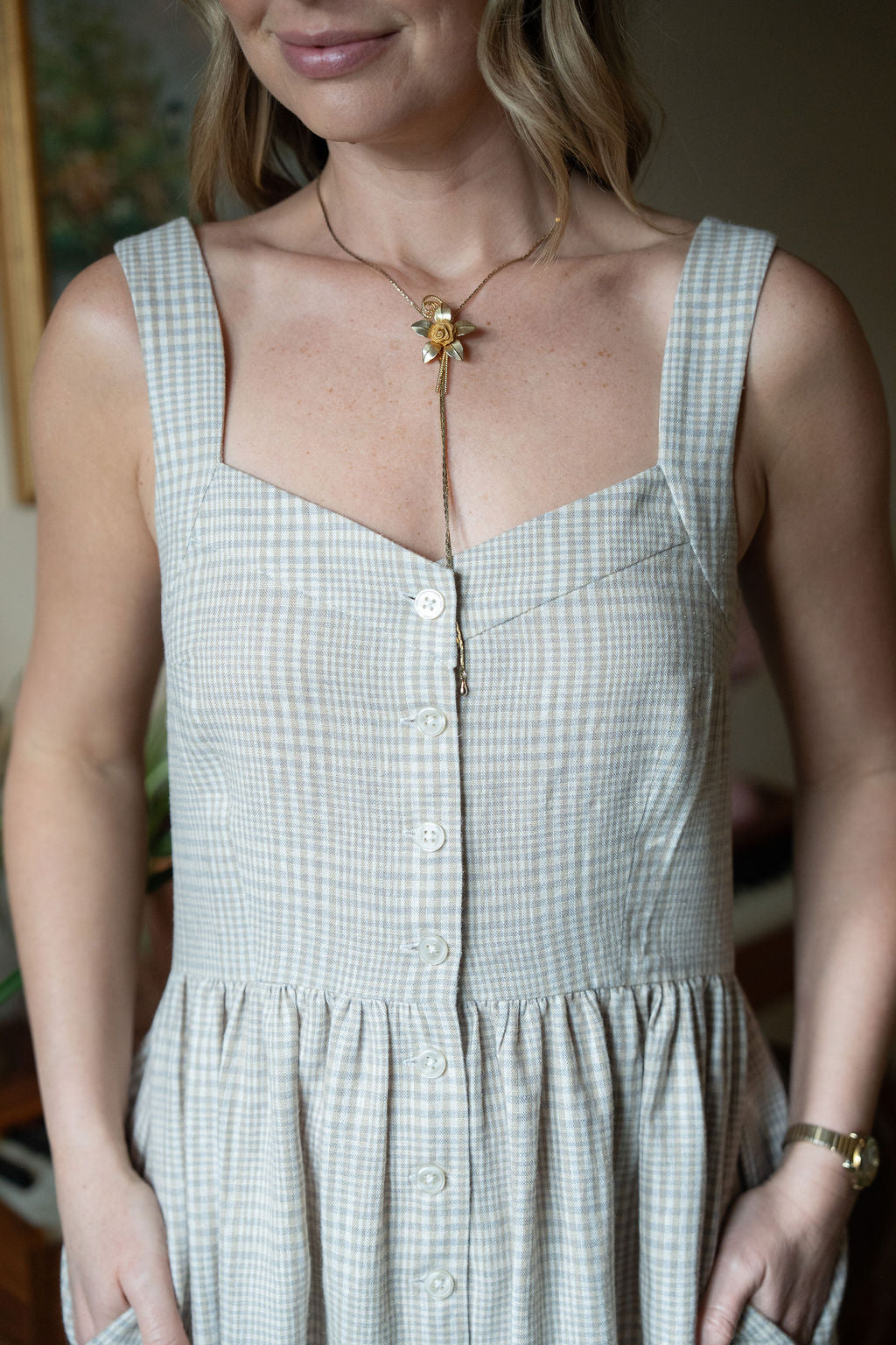 Mia Linen Dress in Cream Plaid Linen - S Left