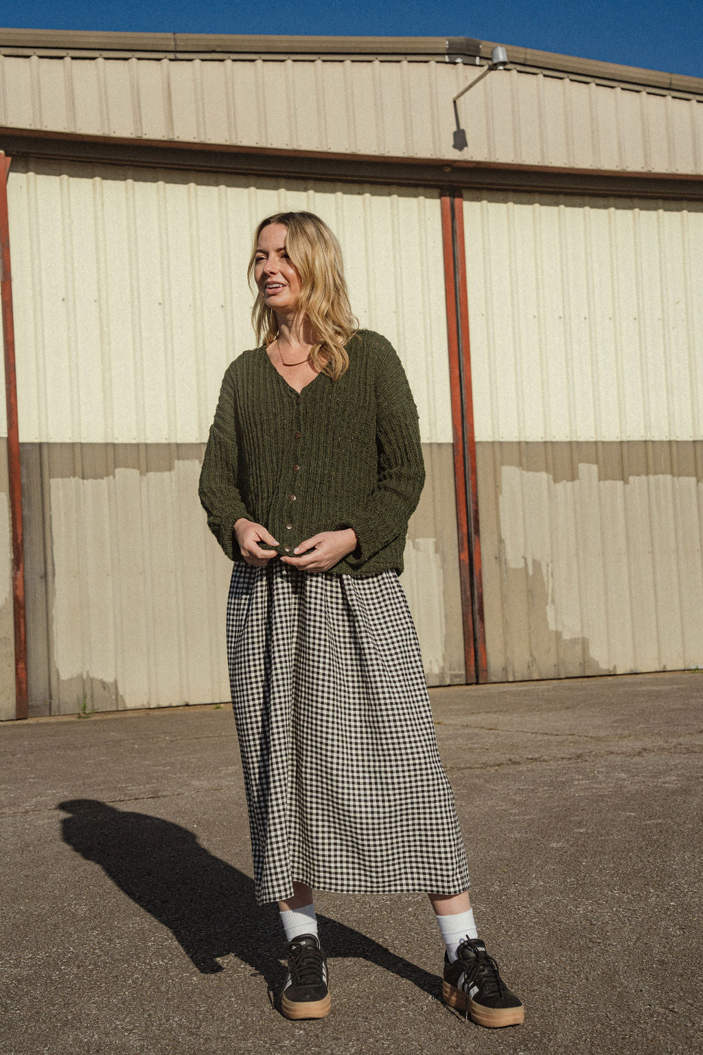 Cara Ribbed Cardigan in Nettle Allo and Cotton Dark Green Made to Order