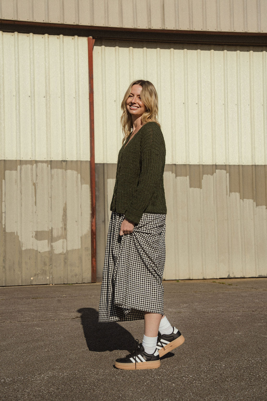 Cara Ribbed Cardigan in Nettle Allo and Cotton Dark Green Made to Order