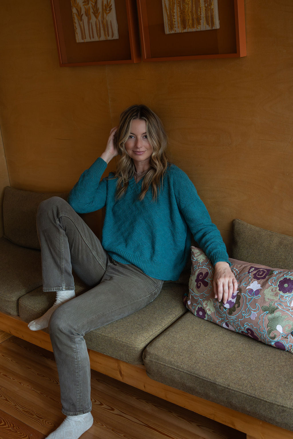 Alpaca Brenda Lace Knit Pullover in Teal