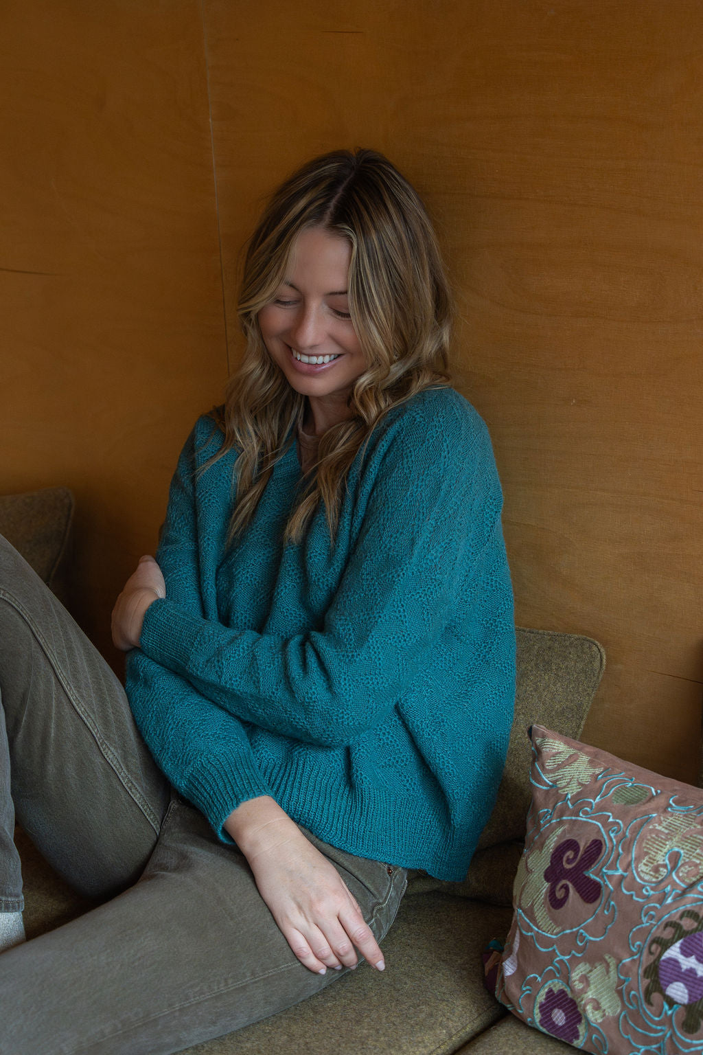 Alpaca Brenda Lace Knit Pullover in Teal