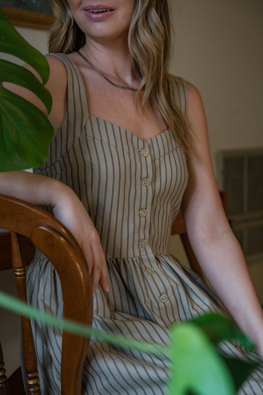 Mia Linen Dress in Tan and Black Stripe Cotton - XS Left