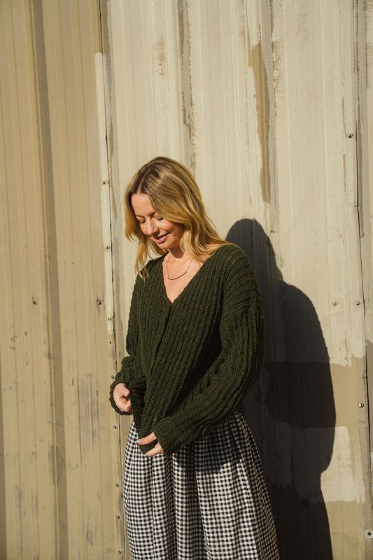 Cara Ribbed Cardigan in Nettle Allo and Cotton Dark Green Made to Order