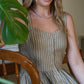 Mia Linen Dress in Tan and Black Stripe Cotton - XS Left
